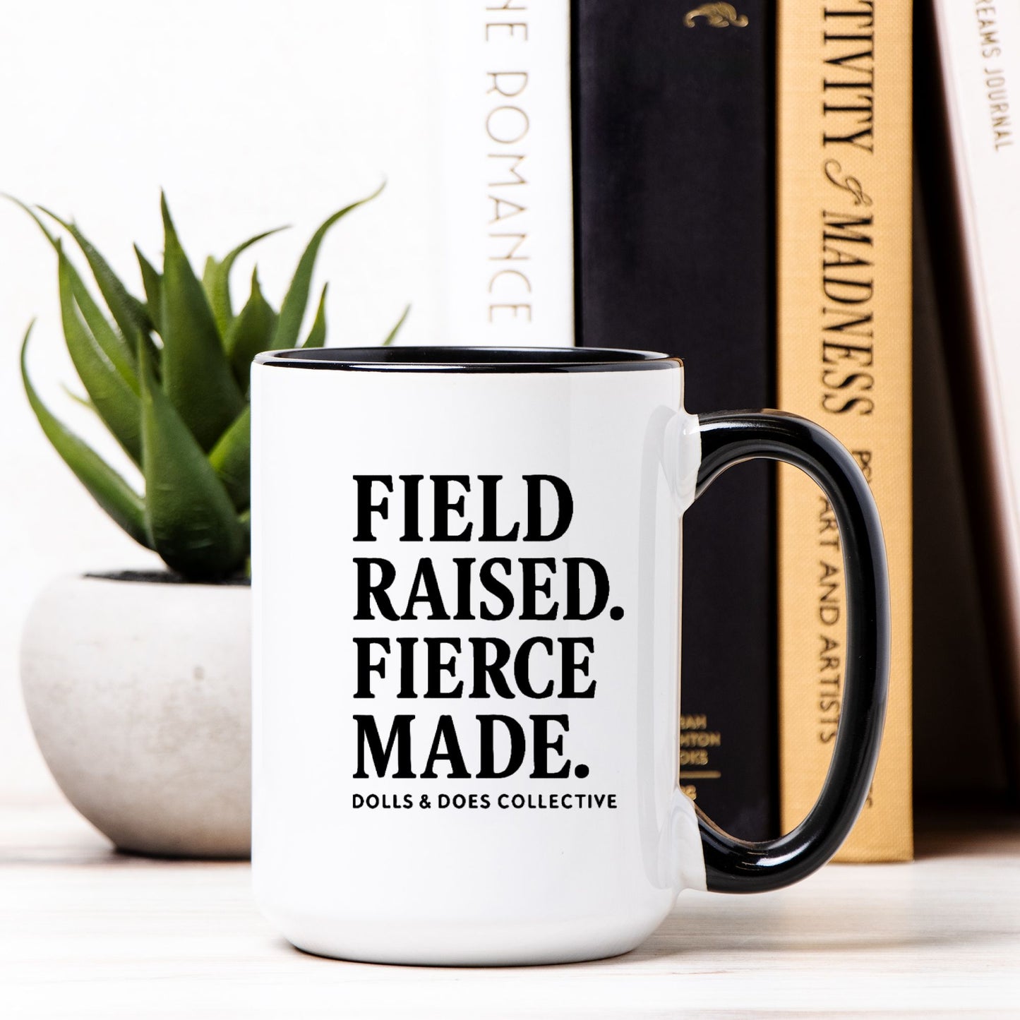 Field Raised. Fierce Made. Mug Deluxe 15oz. (Black + White)